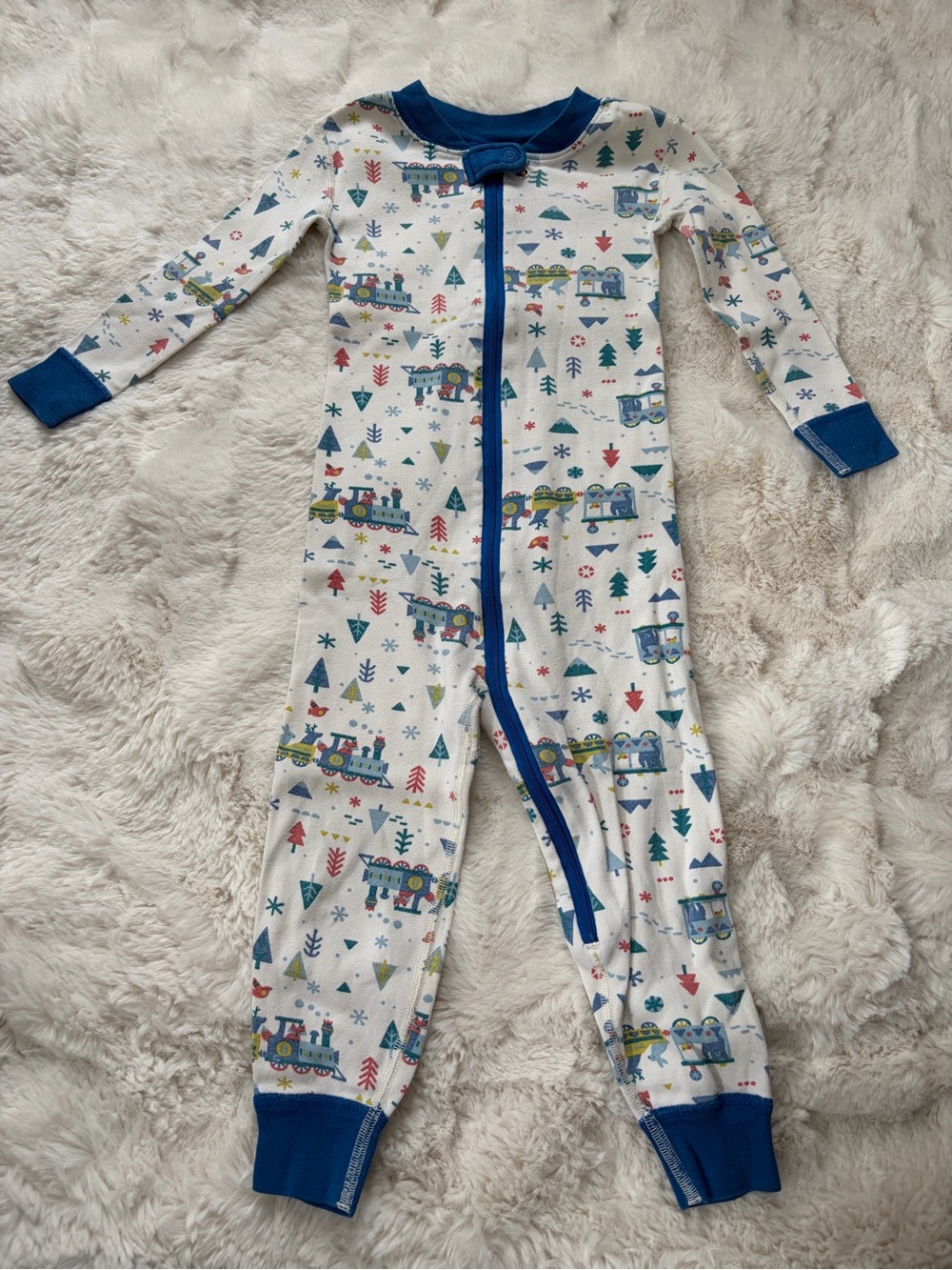 Hanna Andersson White Train Print One-Piece with Blue Trim